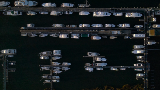 Aerial view of boats docked at Safe Harbor Charleston City Marina